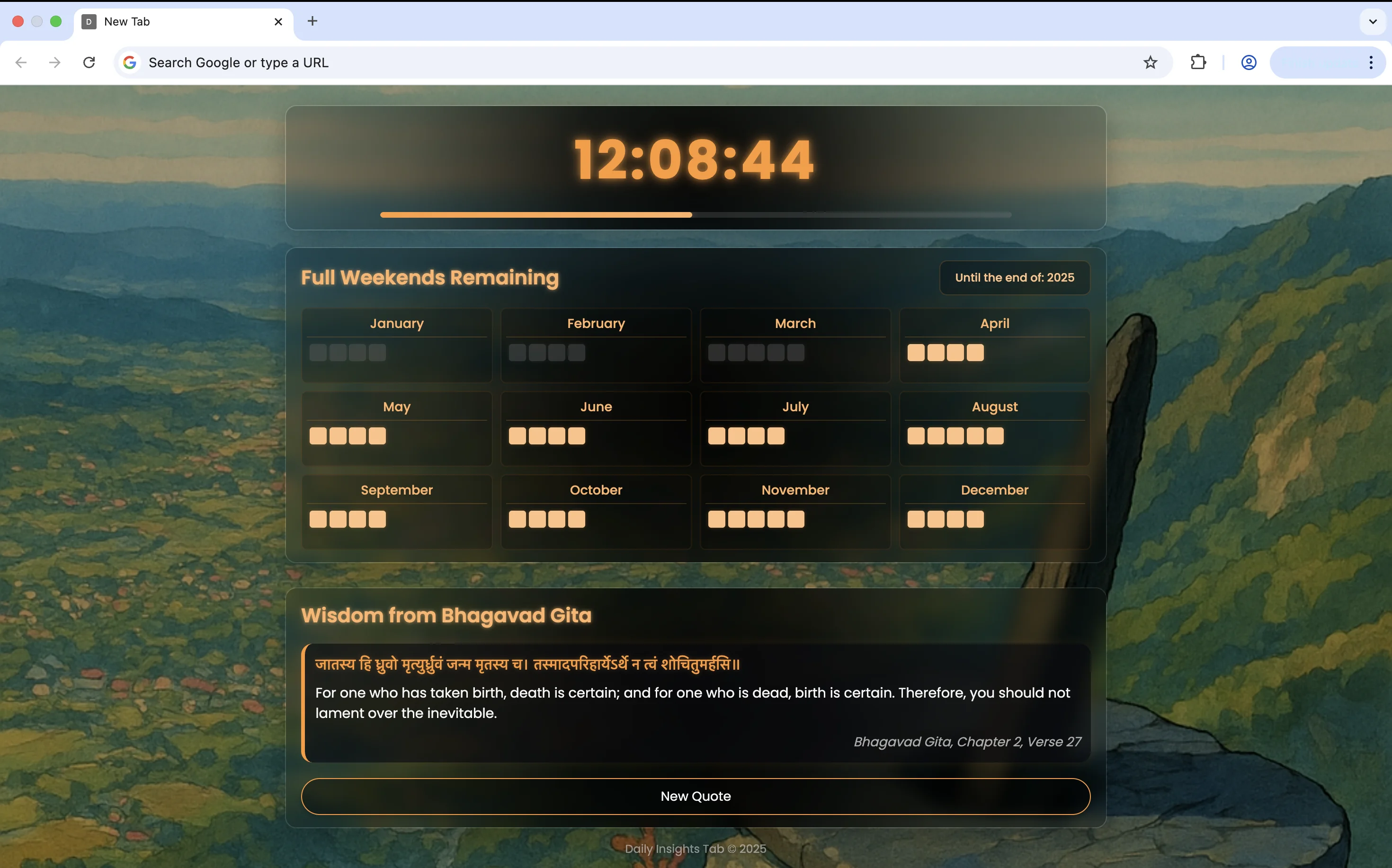 Personal Chrome new tab extension — Memento Mori Bhagavad Gita reminder