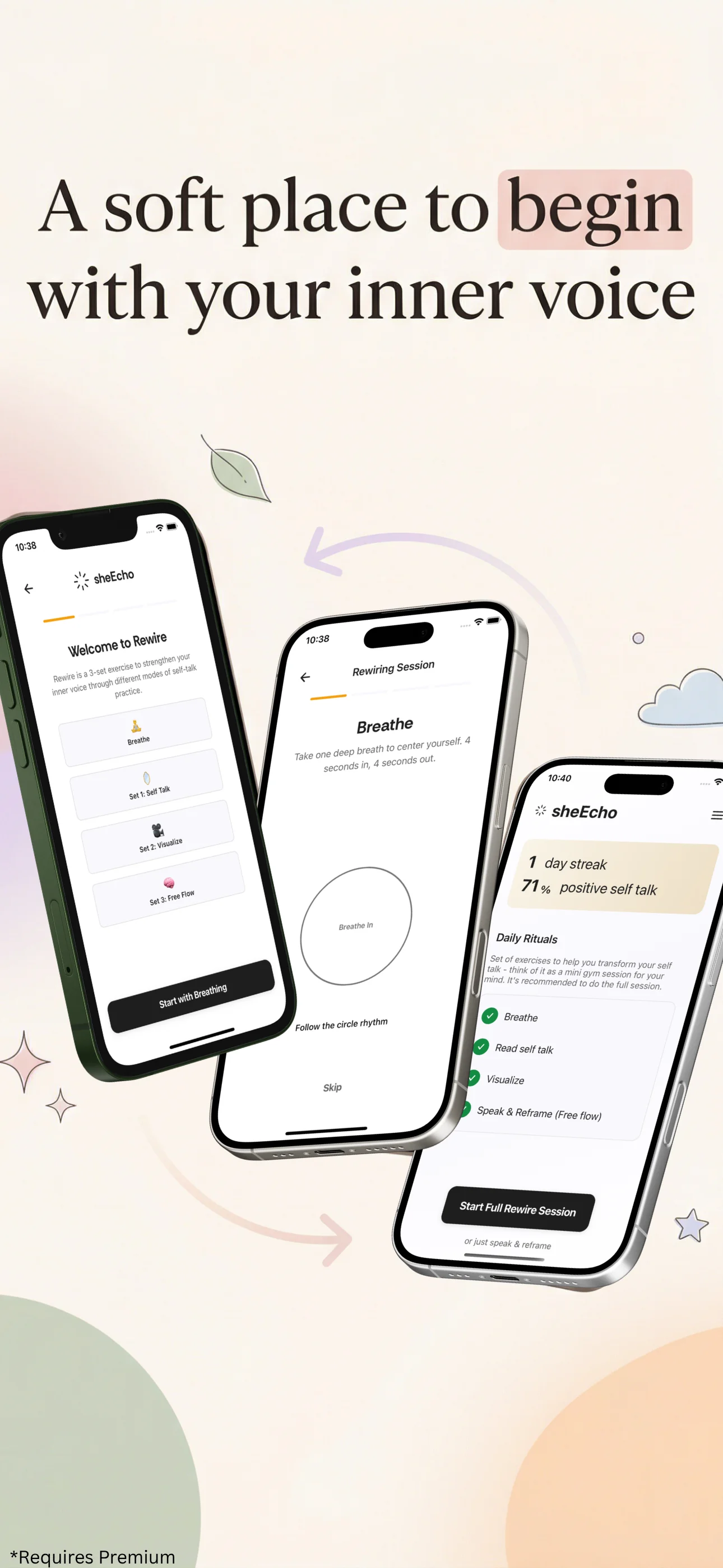 Rewire SheEcho AI wellness iOS app — affirmations screen 2